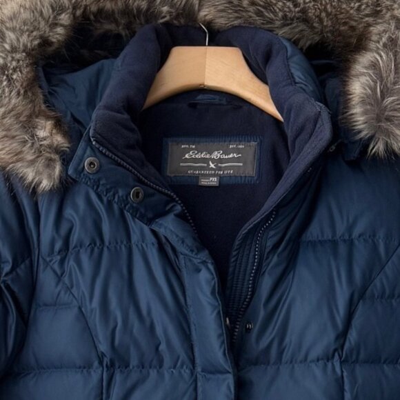 💙 Eddie Bauer Down Parka Women’s PXS Petite | Navy Blue Long Puffer - Picture 2 of 6